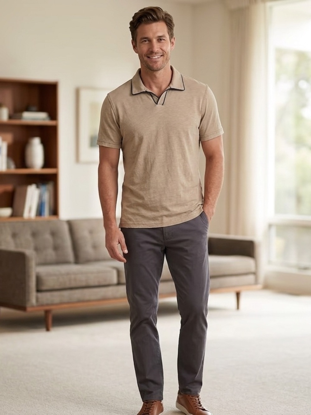 J. Crew Men's Johnny Collar Polo Shirt Tipped Trim Khaki Beige Size XL